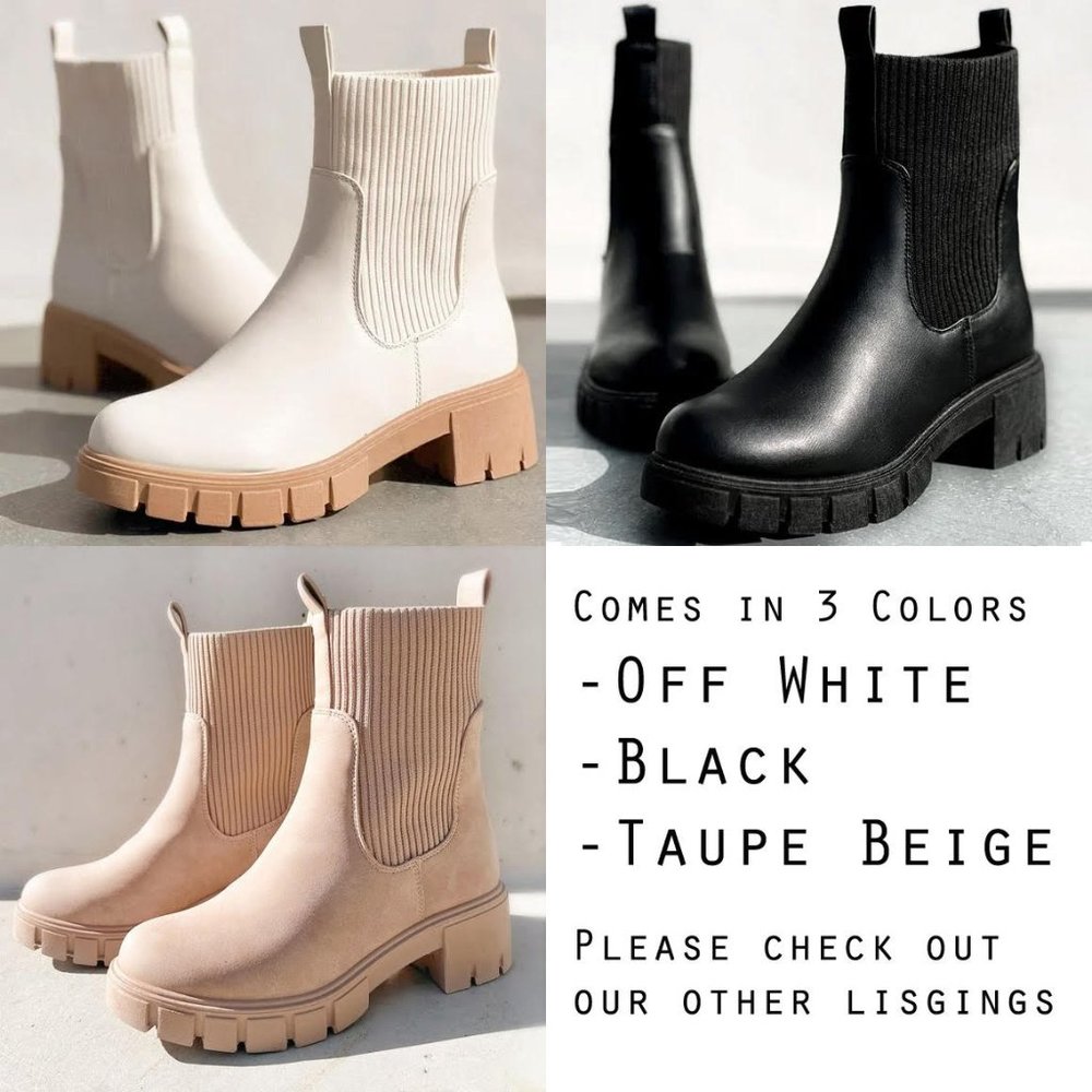 NEW Off White Chunky Lug Sole Platform Elastic Sock Ankle Chelsea Bootie Boots - Picture 12 of 12